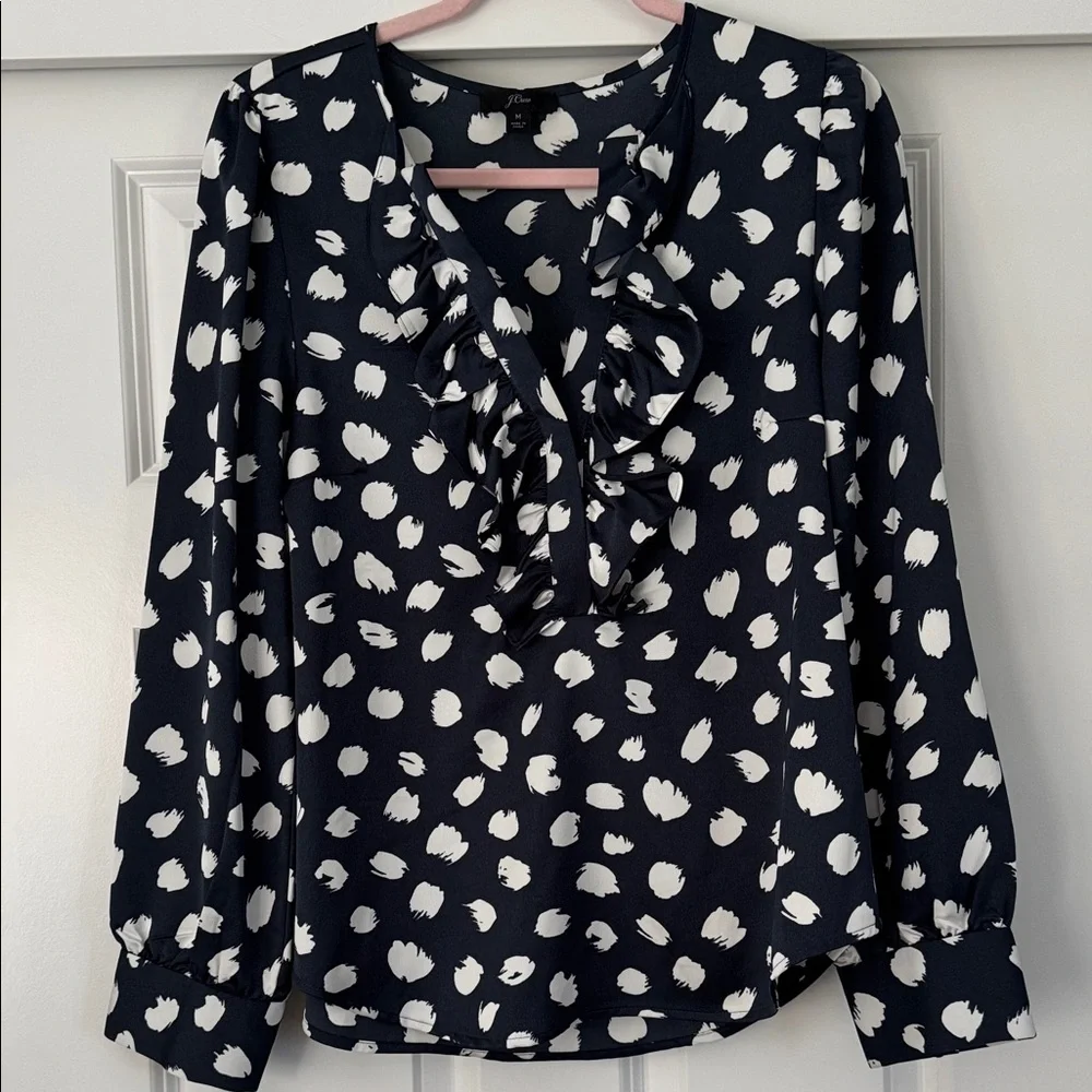 J. Crew Navy and White Splash Polka Dot Ruffle Blouse Size: M ✨ New